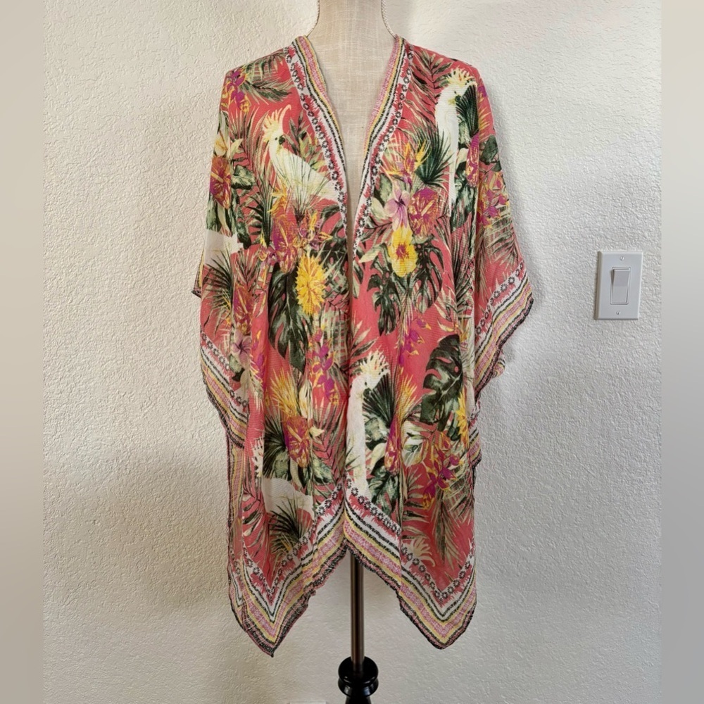 Nine West Kimono S/M Coral Tropical Bird Floral Open Front Cover Up N4612412